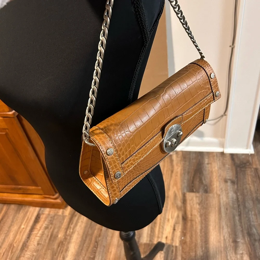Cognac Croc-Embossed Leather Shoulder Bag with Silver Chain